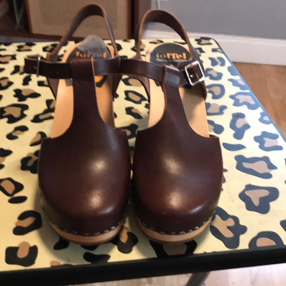 Swedish Hasbeens burgundy T-strap wooden heels